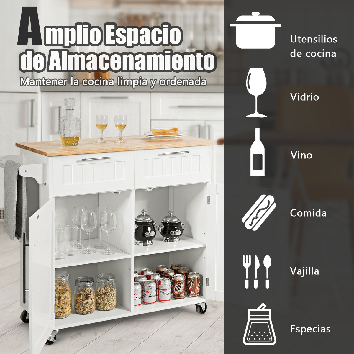 Isla de Cocina Carro Giratorio con Cajones de Almacenamiento y Armarios 4 Ruedas Toallero para Comedor 94 x 45 x 94,5 cm Blanco