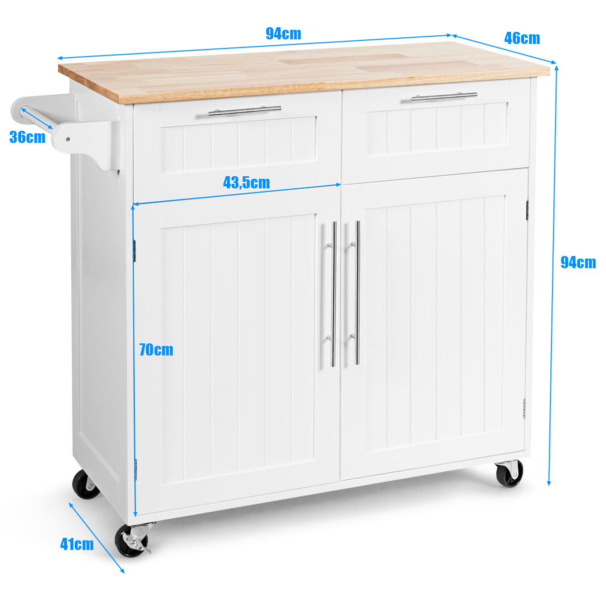 Isla de Cocina Carro Giratorio con Cajones de Almacenamiento y Armarios 4 Ruedas Toallero para Comedor 94 x 45 x 94,5 cm Blanco