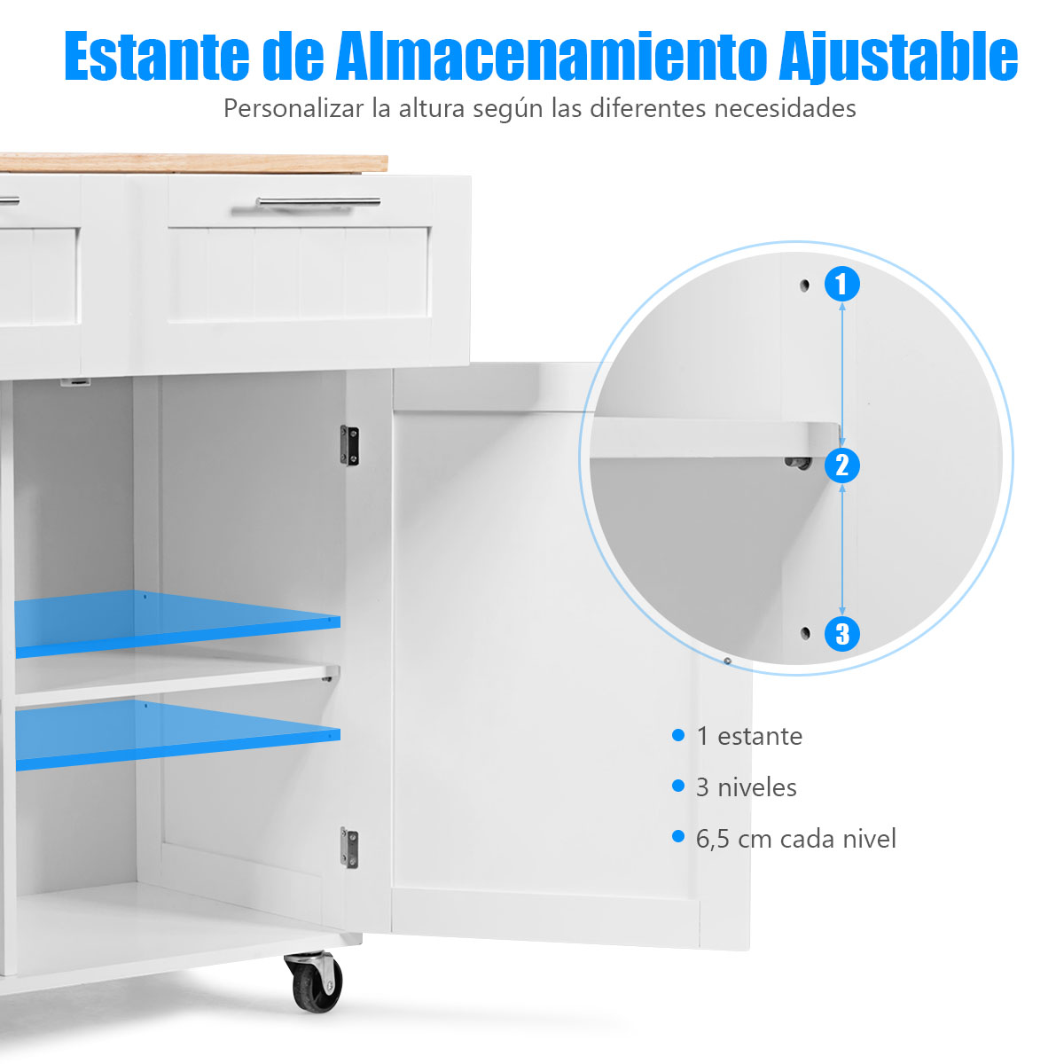 Isla de Cocina Carro Giratorio con Cajones de Almacenamiento y Armarios 4 Ruedas Toallero para Comedor 94 x 45 x 94,5 cm Blanco