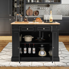 Carrito de Cocina con Almacenamiento Encimera de Madera Cajones Estantes Laterales 2 Puertas y Estantes Ajustables de 3 Niveles Negro