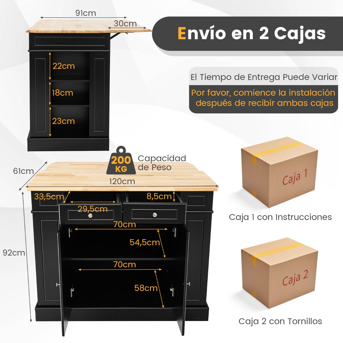 Carrito de Cocina con Almacenamiento Encimera de Madera Cajones Estantes Laterales 2 Puertas y Estantes Ajustables de 3 Niveles Negro