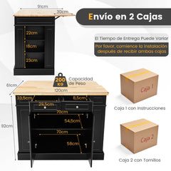 Carrito de Cocina con Almacenamiento Encimera de Madera Cajones Estantes Laterales 2 Puertas y Estantes Ajustables de 3 Niveles Negro