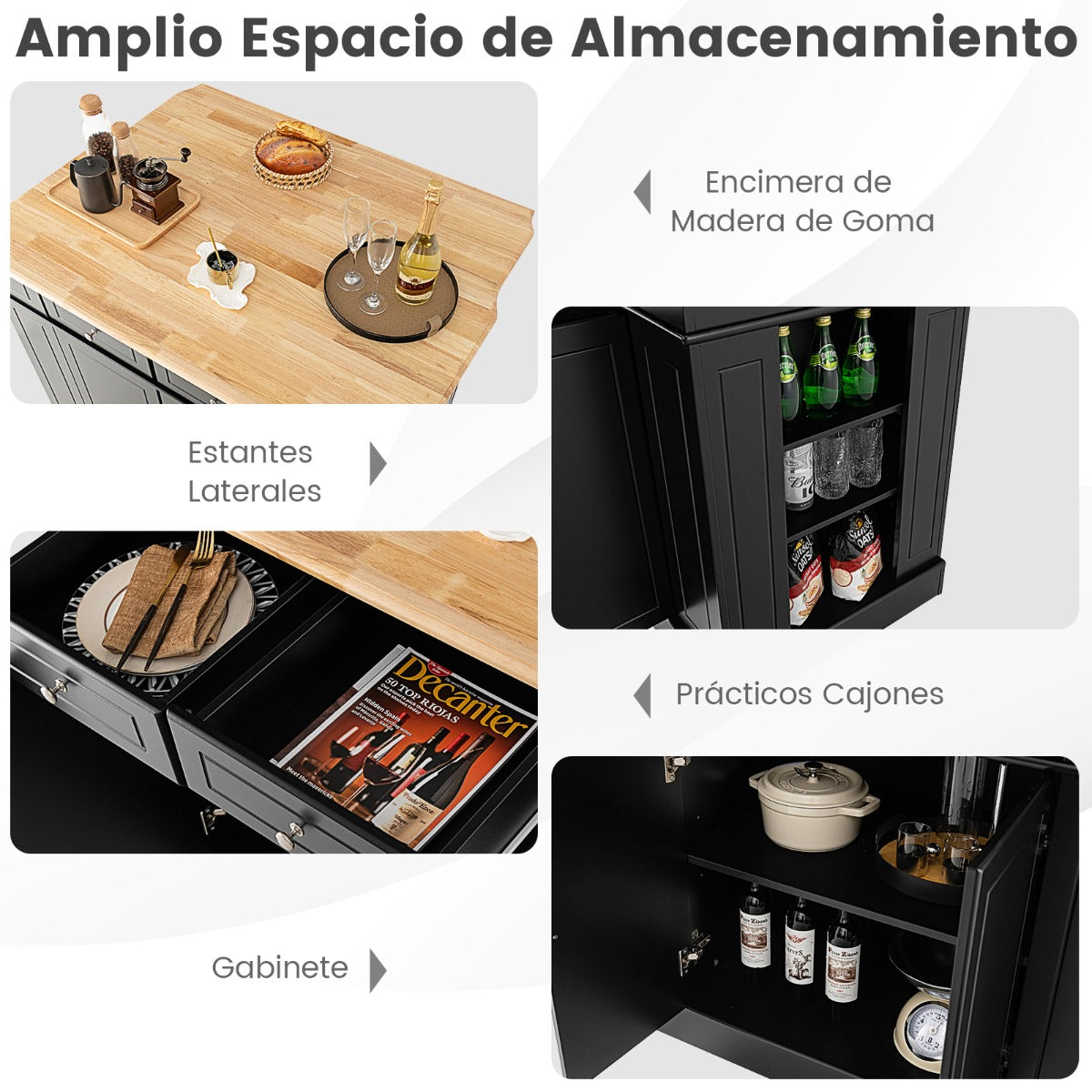 Carrito de Cocina con Almacenamiento Encimera de Madera Cajones Estantes Laterales 2 Puertas y Estantes Ajustables de 3 Niveles Negro