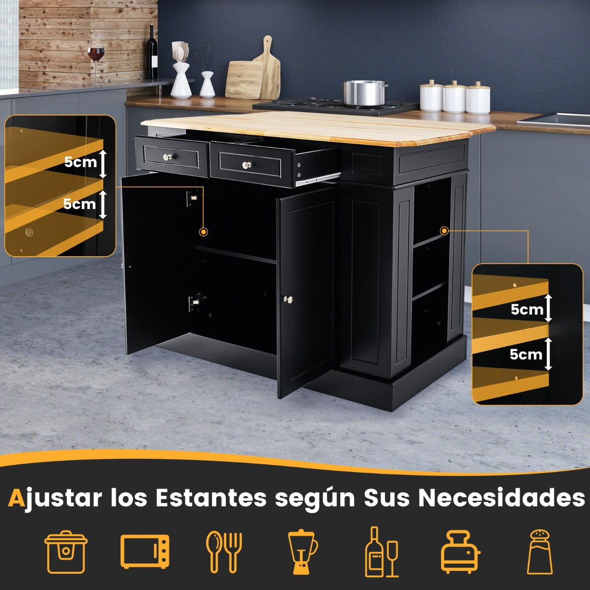 Carrito de Cocina con Almacenamiento Encimera de Madera Cajones Estantes Laterales 2 Puertas y Estantes Ajustables de 3 Niveles Negro