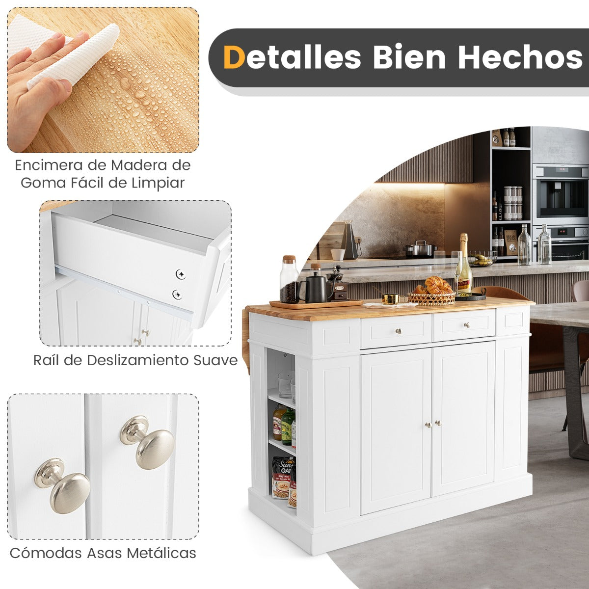 Carrito de Cocina con Almacenamiento Encimera de Madera Cajones Estantes Laterales 2 Puertas y Estantes Ajustables de 3 Niveles Blanco