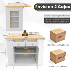 Carrito de Cocina con Almacenamiento Encimera de Madera Cajones Estantes Laterales 2 Puertas y Estantes Ajustables de 3 Niveles Blanco