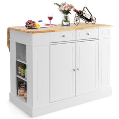 Carrito de Cocina con Almacenamiento Encimera de Madera Cajones Estantes Laterales 2 Puertas y Estantes Ajustables de 3 Niveles Blanco