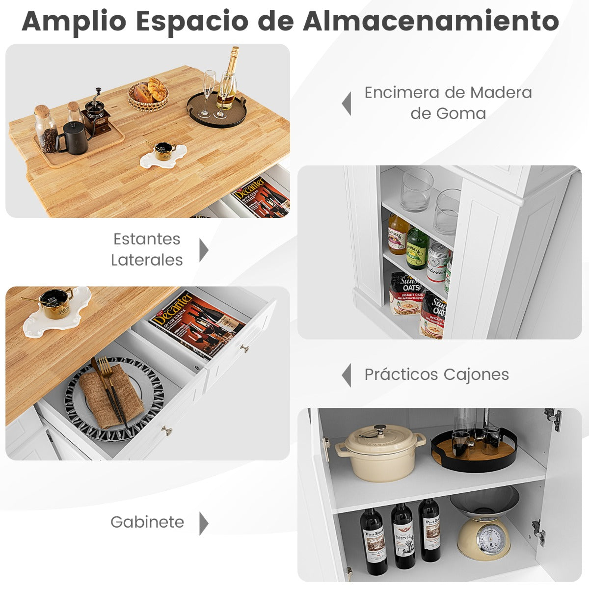 Carrito de Cocina con Almacenamiento Encimera de Madera Cajones Estantes Laterales 2 Puertas y Estantes Ajustables de 3 Niveles Blanco