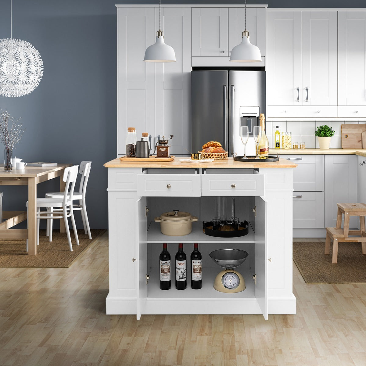 Carrito de Cocina con Almacenamiento Encimera de Madera Cajones Estantes Laterales 2 Puertas y Estantes Ajustables de 3 Niveles Blanco