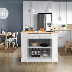 Carrito de Cocina con Almacenamiento Encimera de Madera Cajones Estantes Laterales 2 Puertas y Estantes Ajustables de 3 Niveles Blanco