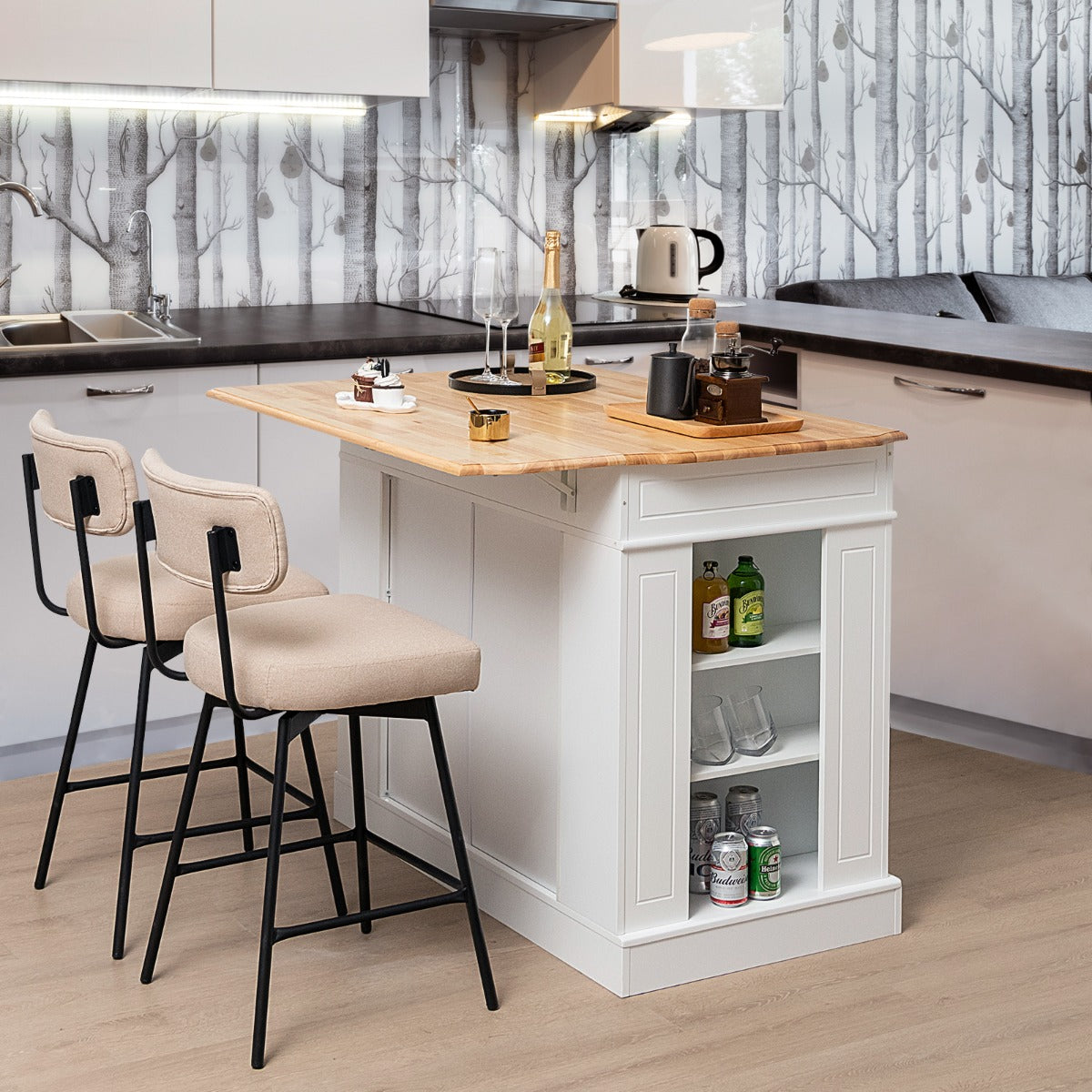 Carrito de Cocina con Almacenamiento Encimera de Madera Cajones Estantes Laterales 2 Puertas y Estantes Ajustables de 3 Niveles Blanco
