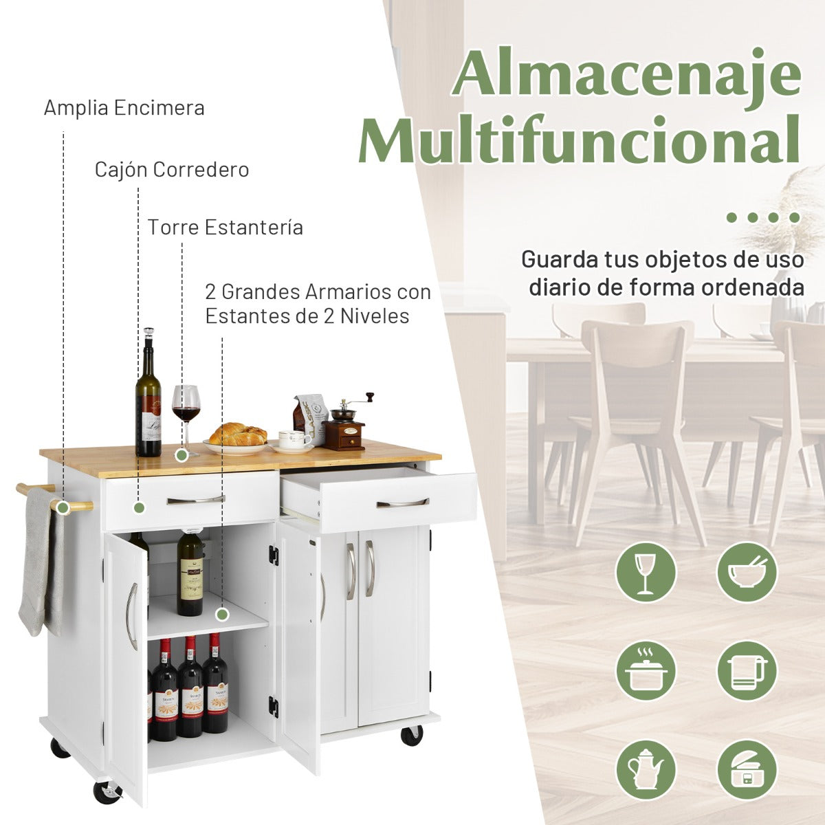 Carro Rodante Para Isla De Cocina Con Encimera De Madera Estantes Ajustables 2 Cajones Grandes 122 x 48 x 92,5 cm-Blanco