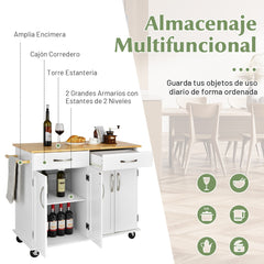 Carro Rodante Para Isla De Cocina Con Encimera De Madera Estantes Ajustables 2 Cajones Grandes 122 x 48 x 92,5 cm-Blanco