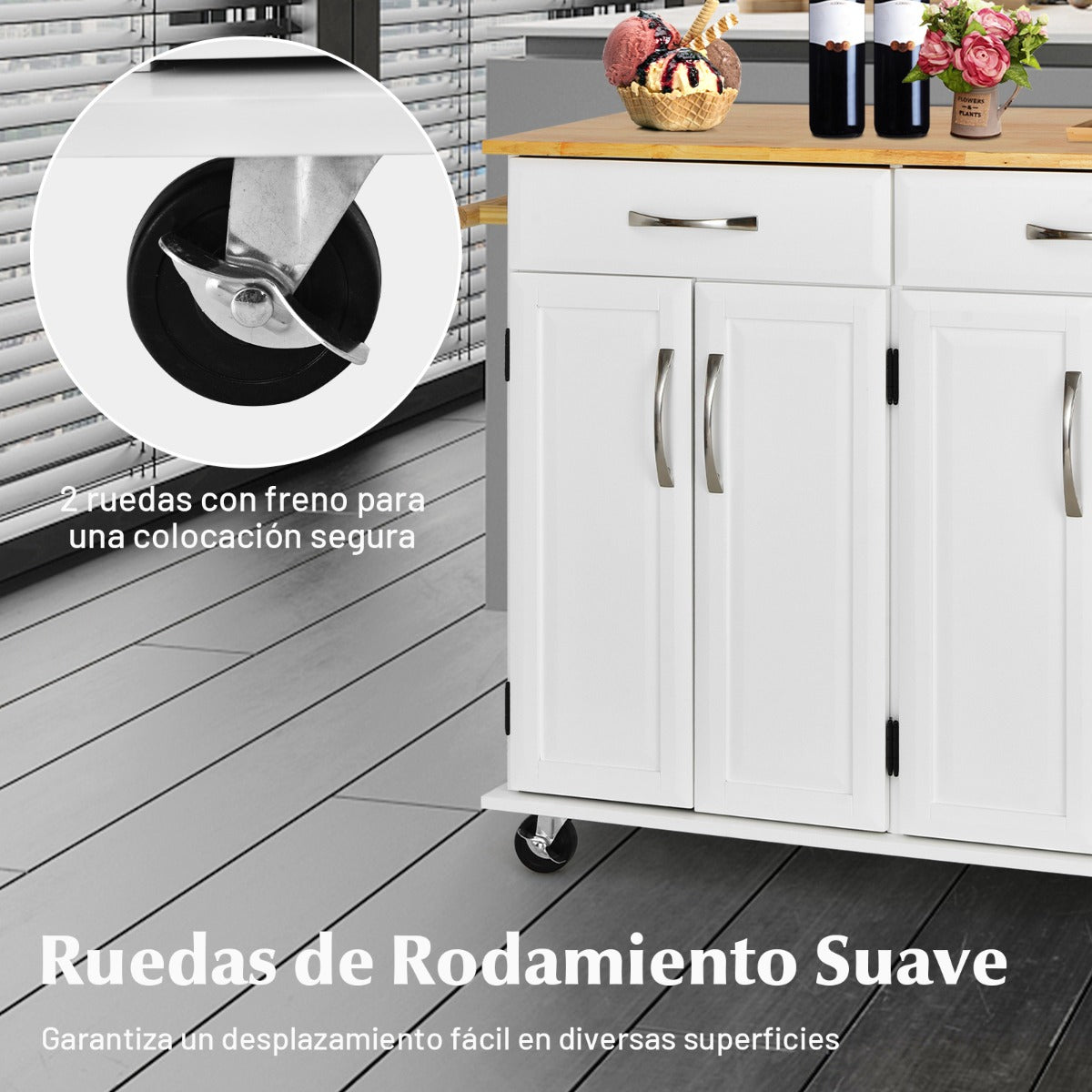 Carro Rodante Para Isla De Cocina Con Encimera De Madera Estantes Ajustables 2 Cajones Grandes 122 x 48 x 92,5 cm-Blanco