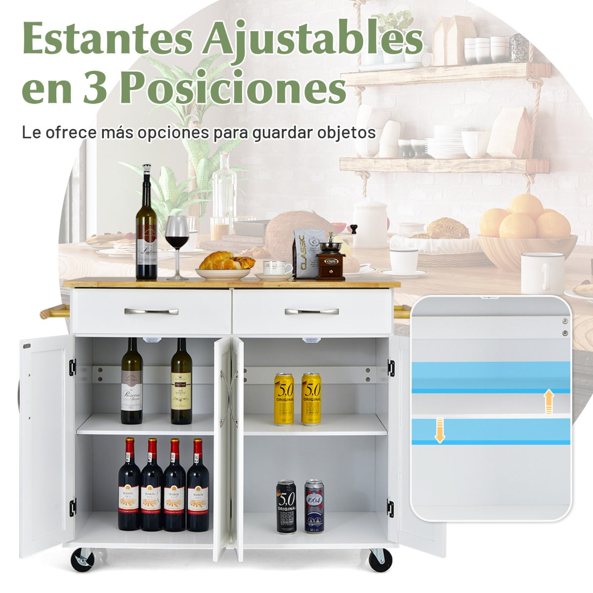 Carro Rodante Para Isla De Cocina Con Encimera De Madera Estantes Ajustables 2 Cajones Grandes 122 x 48 x 92,5 cm-Blanco