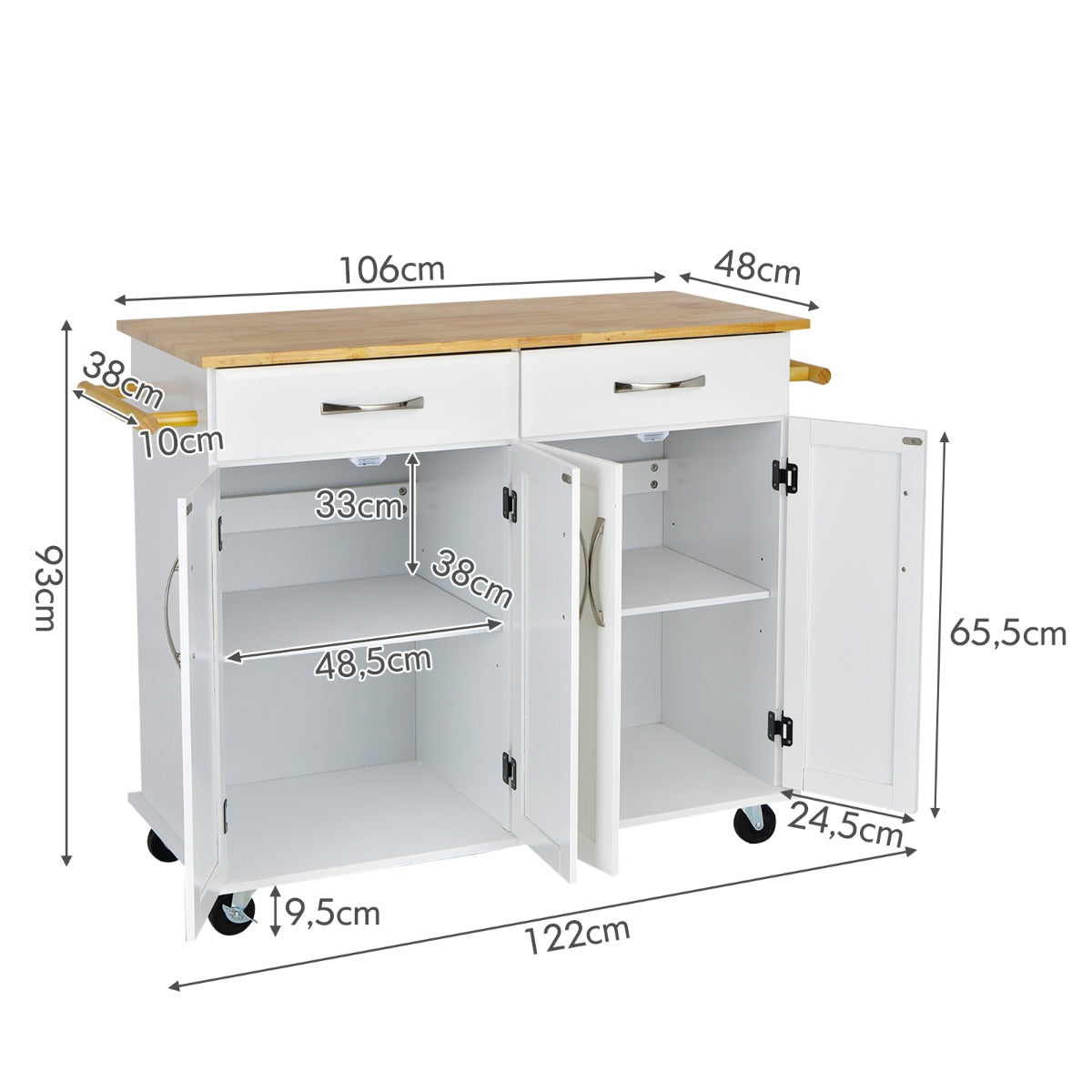 Carro Rodante Para Isla De Cocina Con Encimera De Madera Estantes Ajustables 2 Cajones Grandes 122 x 48 x 92,5 cm-Blanco