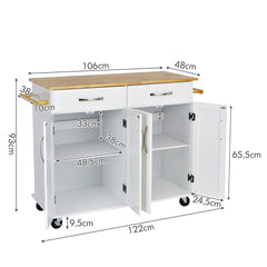 Carro Rodante Para Isla De Cocina Con Encimera De Madera Estantes Ajustables 2 Cajones Grandes 122 x 48 x 92,5 cm-Blanco