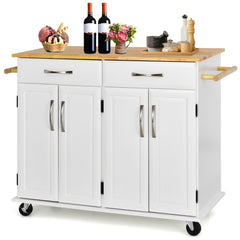 Carro Rodante Para Isla De Cocina Con Encimera De Madera Estantes Ajustables 2 Cajones Grandes 122 x 48 x 92,5 cm-Blanco