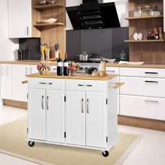 Carro Rodante Para Isla De Cocina Con Encimera De Madera Estantes Ajustables 2 Cajones Grandes 122 x 48 x 92,5 cm-Blanco