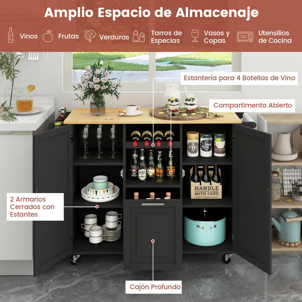 Isla de Cocina Grande con Encimera Abatible 4 Ruedas Cajón Profundo y Estante para Botellas-Negro