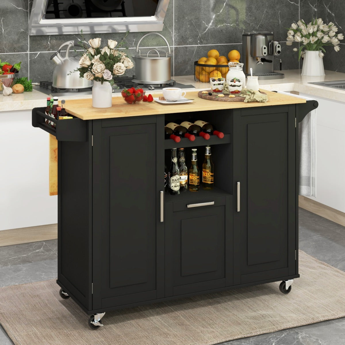 Isla de Cocina Grande con Encimera Abatible 4 Ruedas Cajón Profundo y Estante para Botellas-Negro