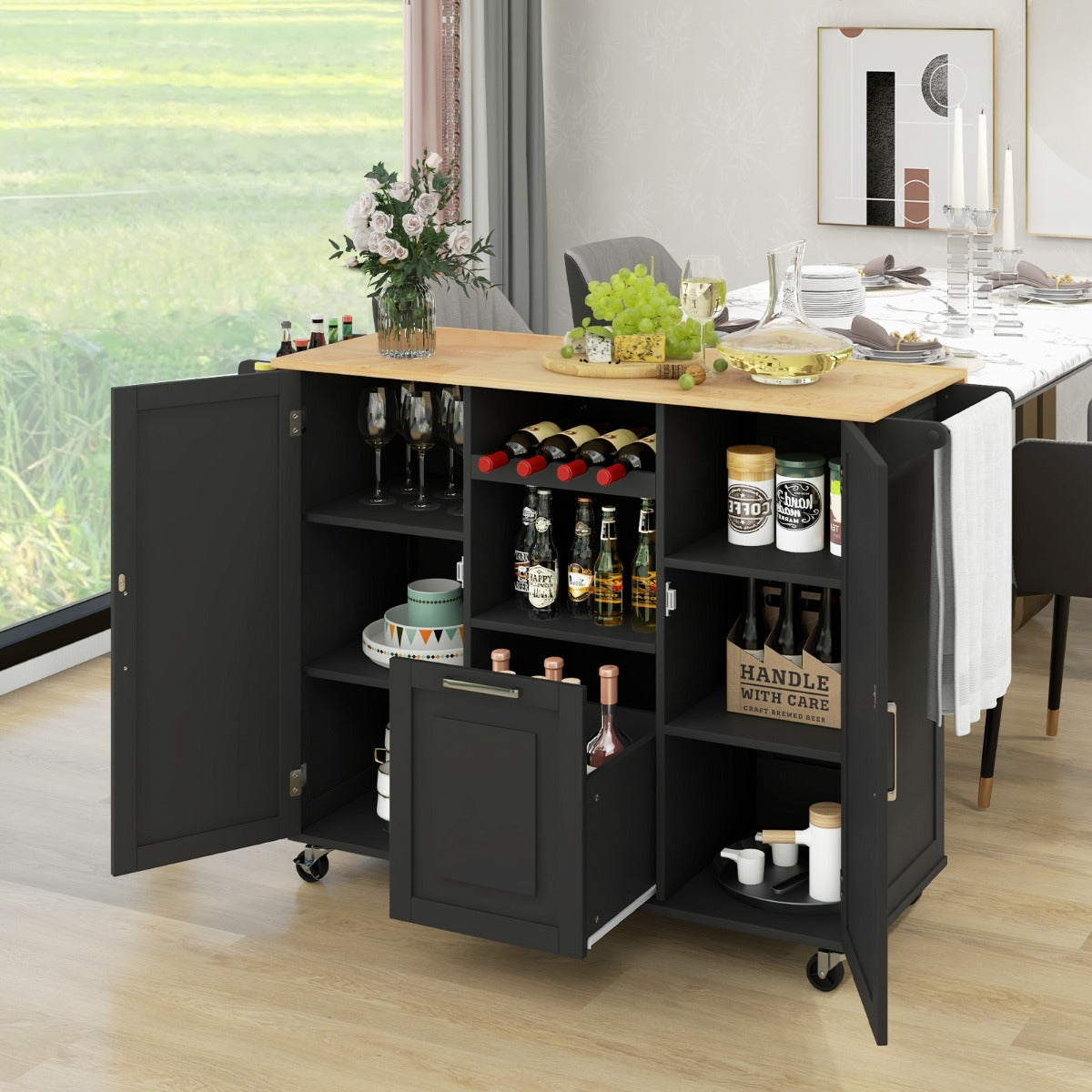 Isla de Cocina Grande con Encimera Abatible 4 Ruedas Cajón Profundo y Estante para Botellas-Negro