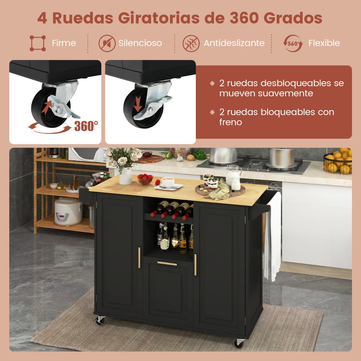 Isla de Cocina Grande con Encimera Abatible 4 Ruedas Cajón Profundo y Estante para Botellas-Negro