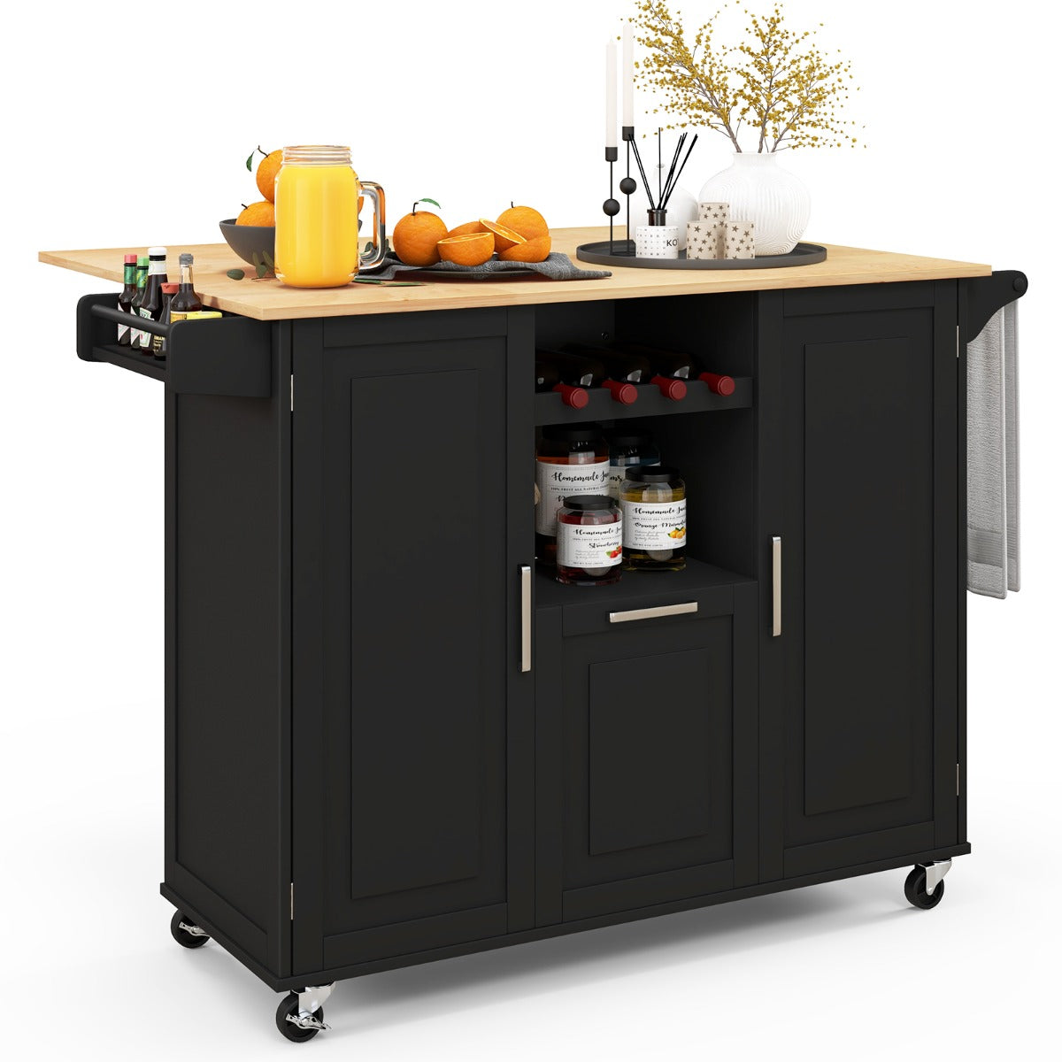Isla de Cocina Grande con Encimera Abatible 4 Ruedas Cajón Profundo y Estante para Botellas-Negro