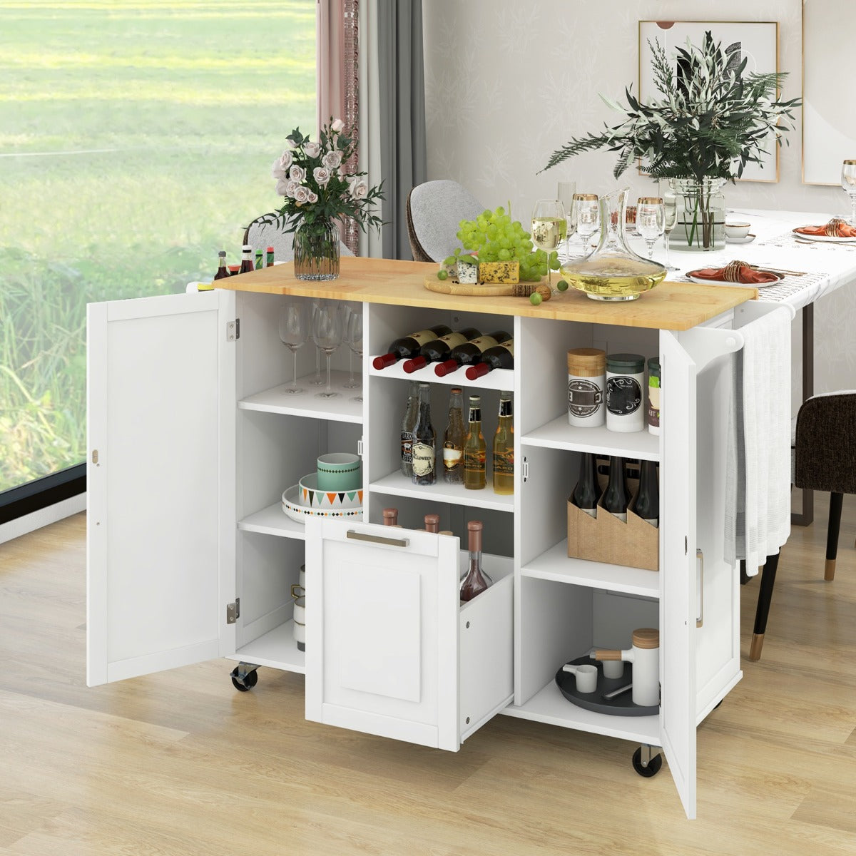 Isla de Cocina Grande con Encimera Abatible 4 Ruedas Cajón Profundo y Estante para Botellas-Blanco