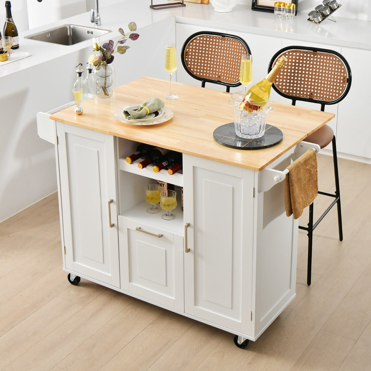 Isla de Cocina Grande con Encimera Abatible 4 Ruedas Cajón Profundo y Estante para Botellas-Blanco