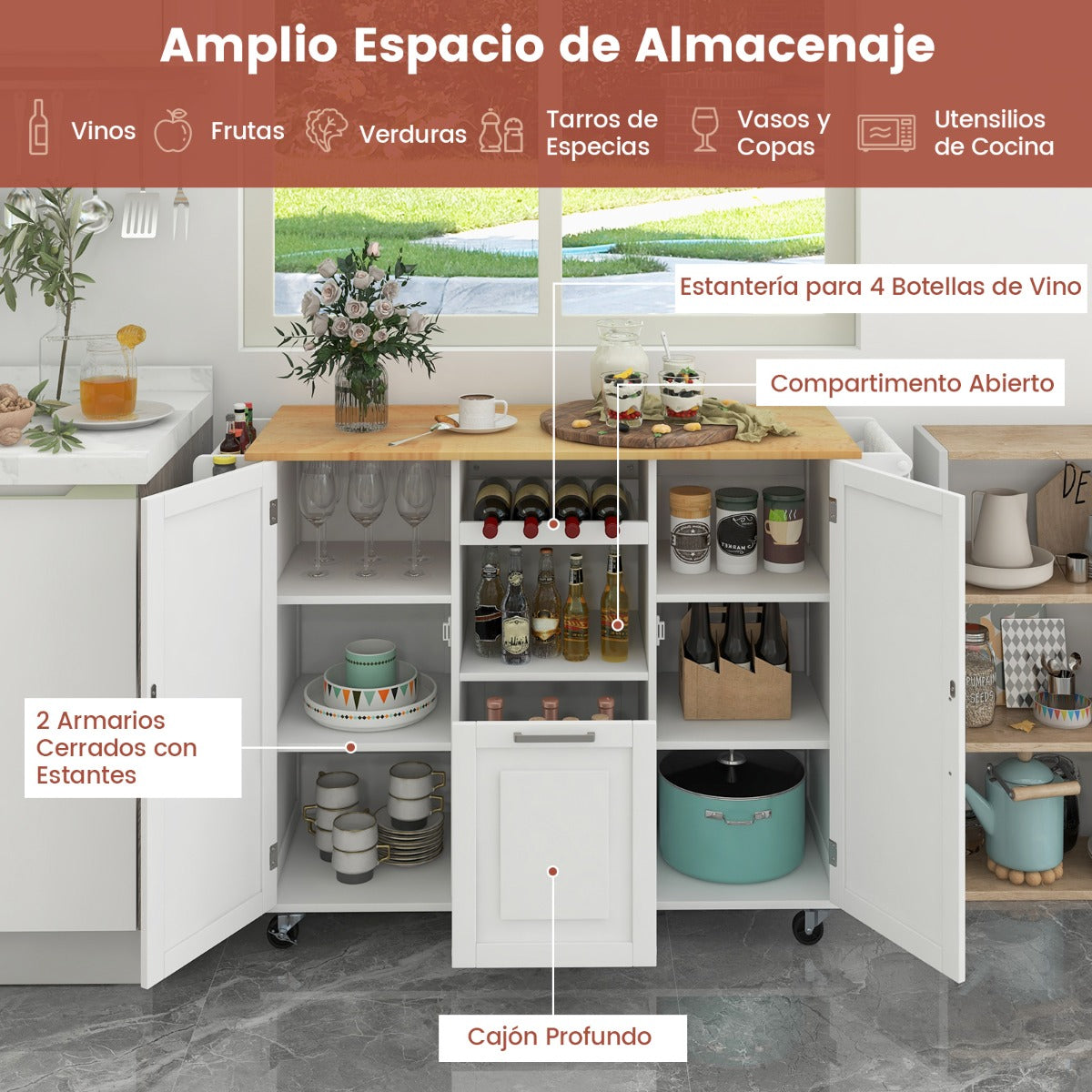 Isla de Cocina Grande con Encimera Abatible 4 Ruedas Cajón Profundo y Estante para Botellas-Blanco