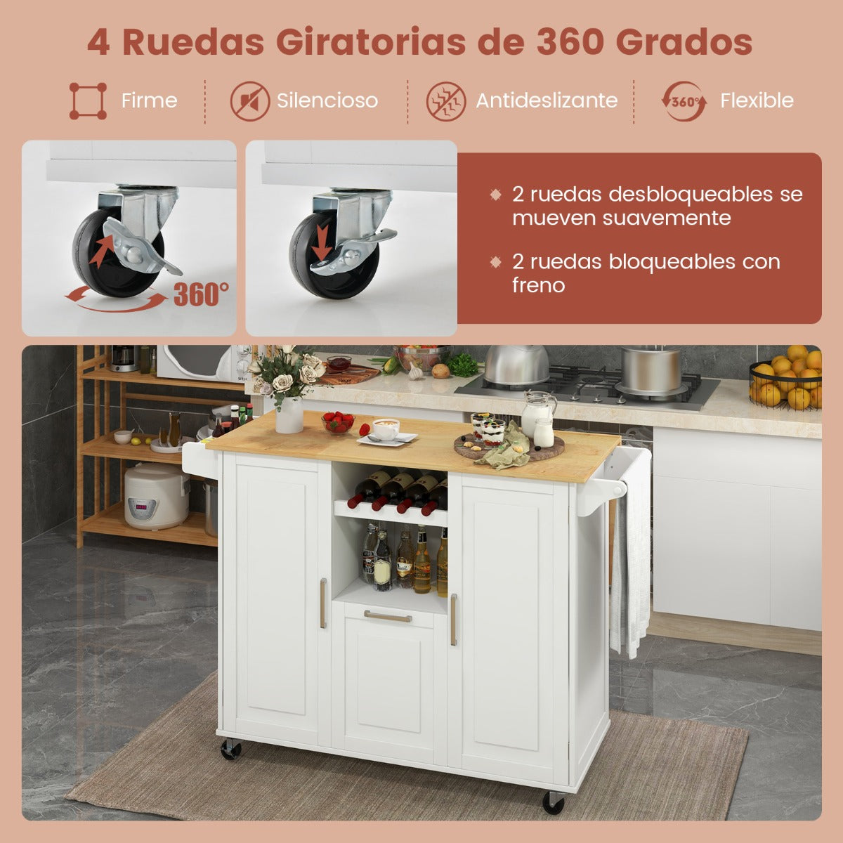 Isla de Cocina Grande con Encimera Abatible 4 Ruedas Cajón Profundo y Estante para Botellas-Blanco