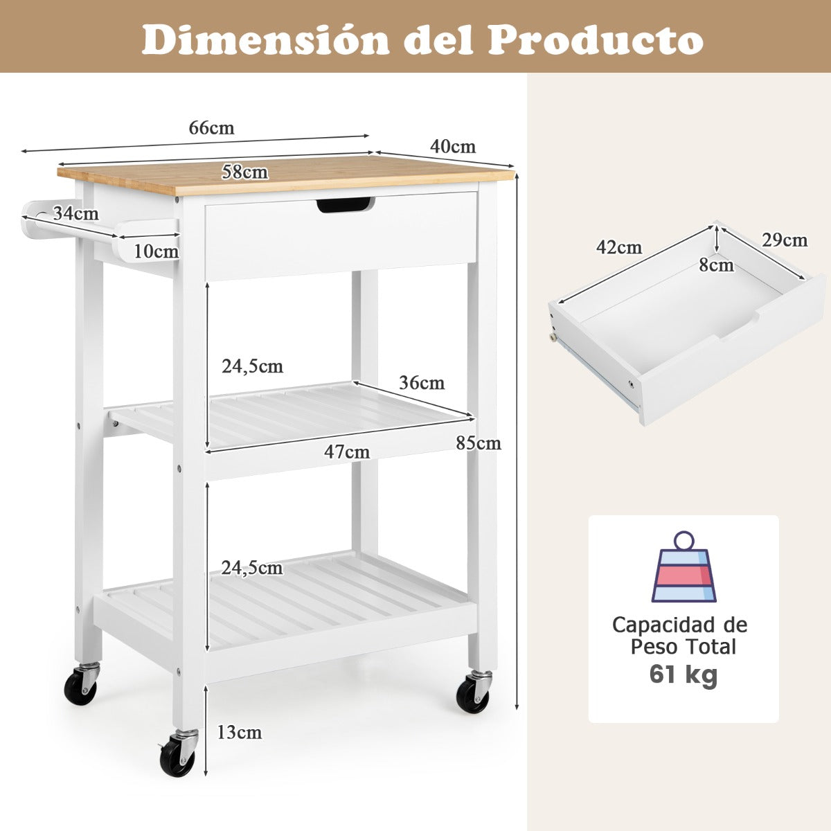 Isla de Cocina Rodante de Bambú con Cajón Toallero Lateral y Asa de Empuje 66 x 40 x 85 cm Blanco