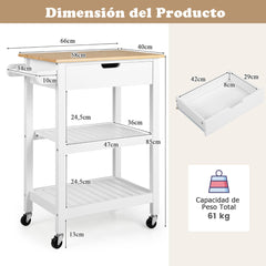 Isla de Cocina Rodante de Bambú con Cajón Toallero Lateral y Asa de Empuje 66 x 40 x 85 cm Blanco