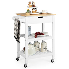 Isla de Cocina Rodante de Bambú con Cajón Toallero Lateral y Asa de Empuje 66 x 40 x 85 cm Blanco