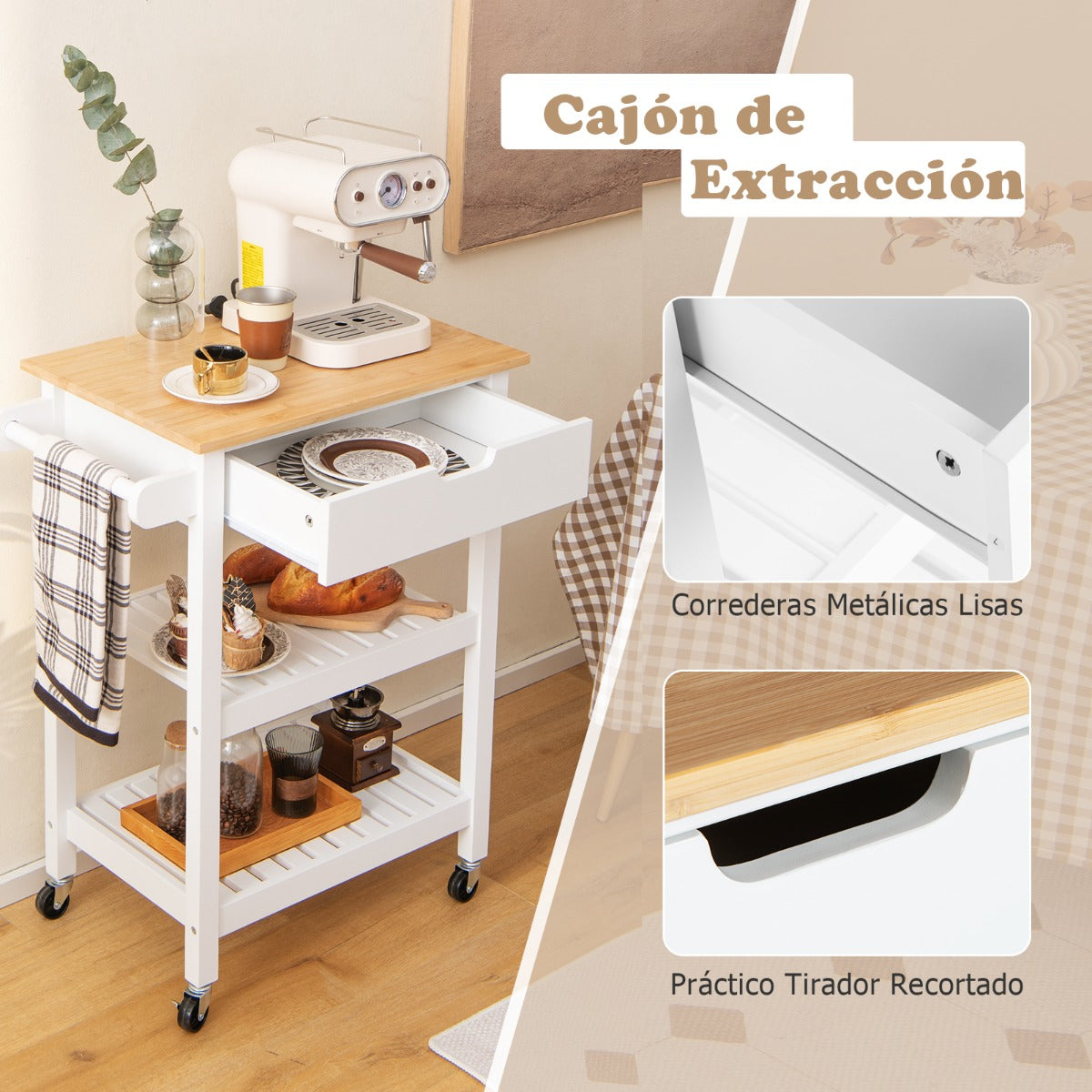 Isla de Cocina Rodante de Bambú con Cajón Toallero Lateral y Asa de Empuje 66 x 40 x 85 cm Blanco