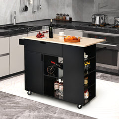 Isla de Cocina con Hoja Abatible Carrito de Servicio Rodante Tapa de Madera Caucho con Cajón Armario Estante Ruedas 124 x 76 x 92 cm Negro