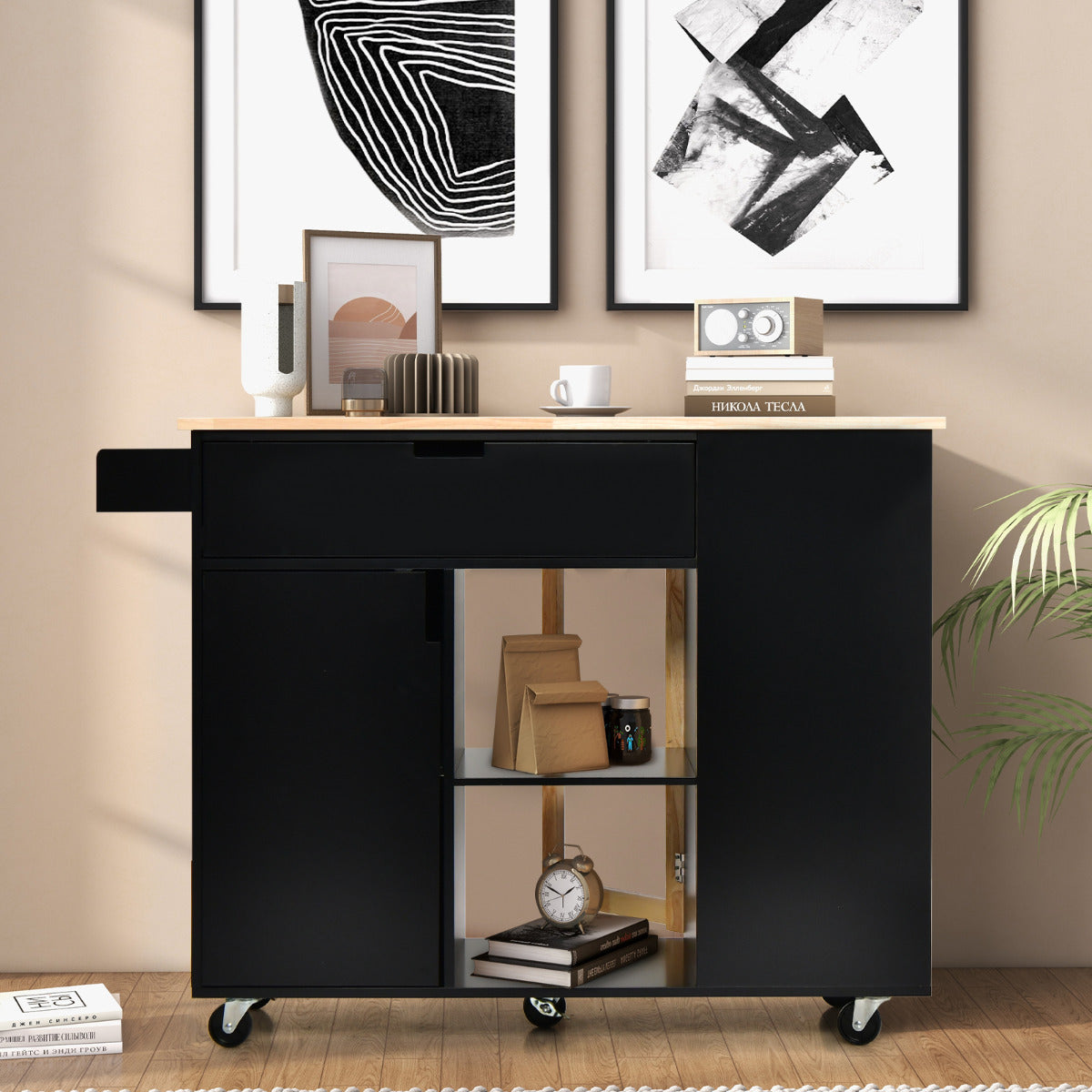 Isla de Cocina con Hoja Abatible Carrito de Servicio Rodante Tapa de Madera Caucho con Cajón Armario Estante Ruedas 124 x 76 x 92 cm Negro