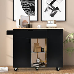 Isla de Cocina con Hoja Abatible Carrito de Servicio Rodante Tapa de Madera Caucho con Cajón Armario Estante Ruedas 124 x 76 x 92 cm Negro