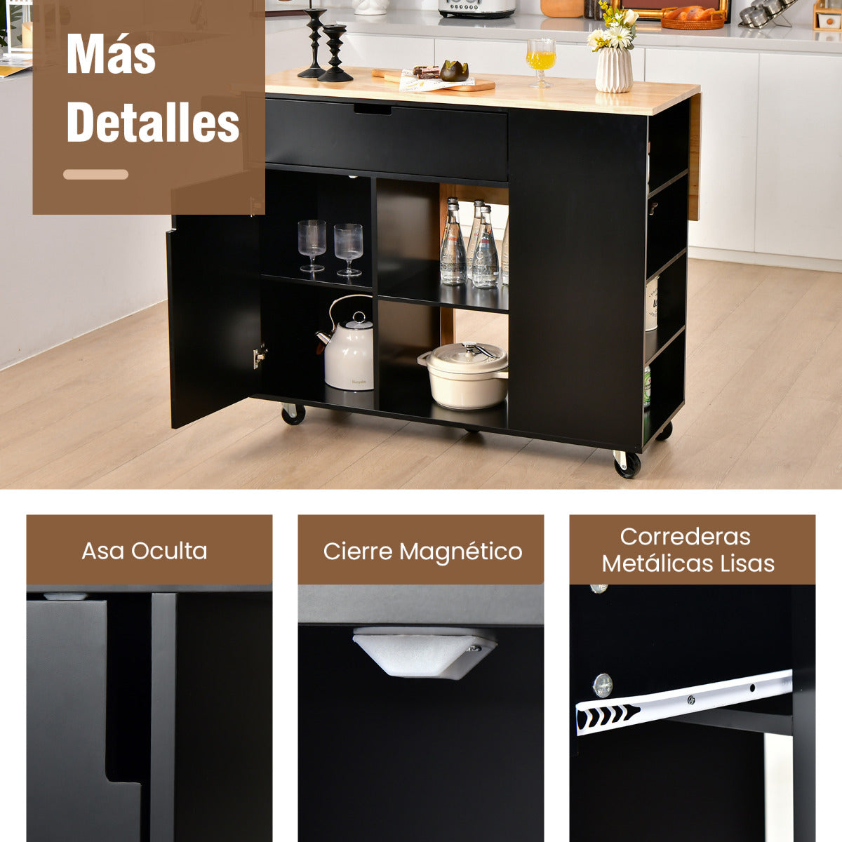 Isla de Cocina con Hoja Abatible Carrito de Servicio Rodante Tapa de Madera Caucho con Cajón Armario Estante Ruedas 124 x 76 x 92 cm Negro