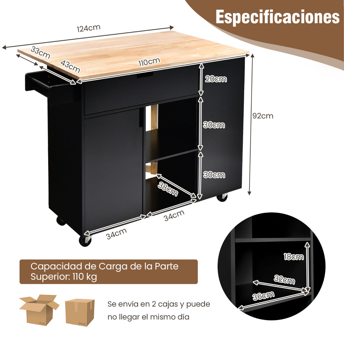 Isla de Cocina con Hoja Abatible Carrito de Servicio Rodante Tapa de Madera Caucho con Cajón Armario Estante Ruedas 124 x 76 x 92 cm Negro
