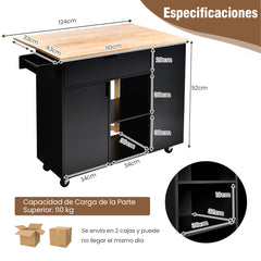 Isla de Cocina con Hoja Abatible Carrito de Servicio Rodante Tapa de Madera Caucho con Cajón Armario Estante Ruedas 124 x 76 x 92 cm Negro