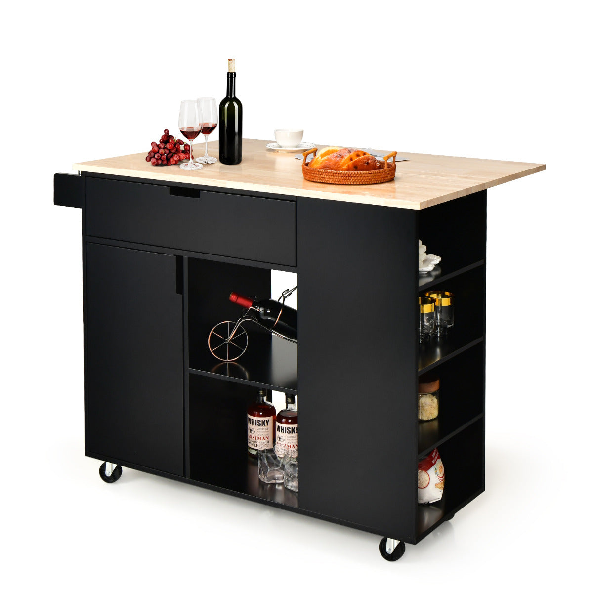 Isla de Cocina con Hoja Abatible Carrito de Servicio Rodante Tapa de Madera Caucho con Cajón Armario Estante Ruedas 124 x 76 x 92 cm Negro