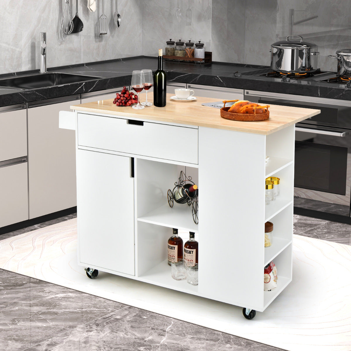 Isla de Cocina con Hoja Abatible Carrito de Servicio Rodante Tapa de Madera Caucho con Cajón Armario Estante Ruedas 124 x 76 x 92 cm Blanco