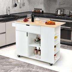 Isla de Cocina con Hoja Abatible Carrito de Servicio Rodante Tapa de Madera Caucho con Cajón Armario Estante Ruedas 124 x 76 x 92 cm Blanco