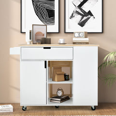Isla de Cocina con Hoja Abatible Carrito de Servicio Rodante Tapa de Madera Caucho con Cajón Armario Estante Ruedas 124 x 76 x 92 cm Blanco