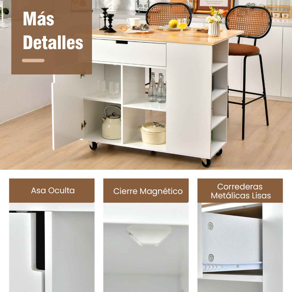 Isla de Cocina con Hoja Abatible Carrito de Servicio Rodante Tapa de Madera Caucho con Cajón Armario Estante Ruedas 124 x 76 x 92 cm Blanco