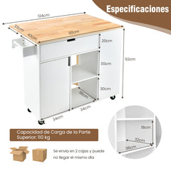 Isla de Cocina con Hoja Abatible Carrito de Servicio Rodante Tapa de Madera Caucho con Cajón Armario Estante Ruedas 124 x 76 x 92 cm Blanco