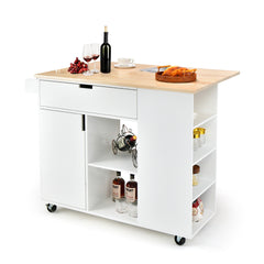Isla de Cocina con Hoja Abatible Carrito de Servicio Rodante Tapa de Madera Caucho con Cajón Armario Estante Ruedas 124 x 76 x 92 cm Blanco