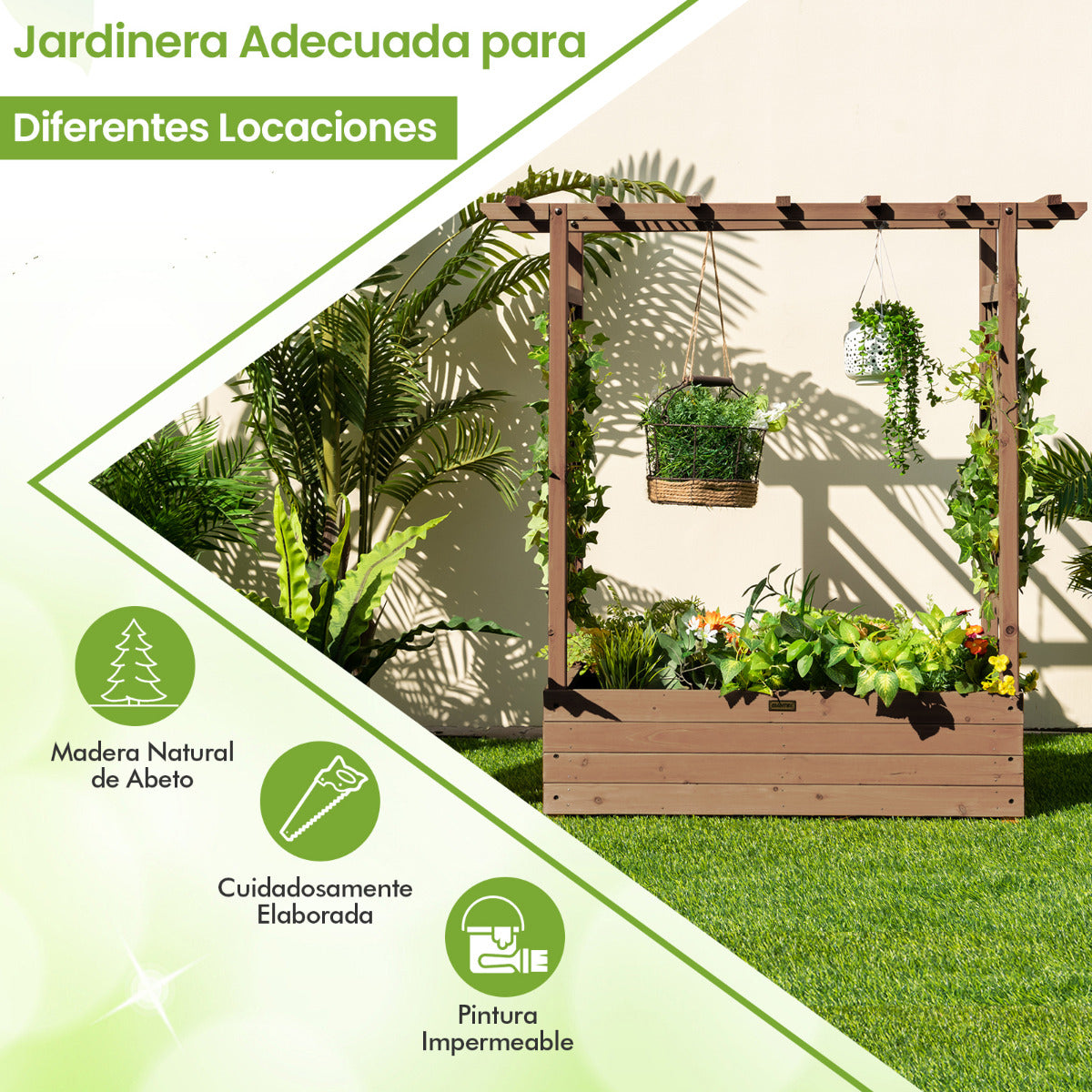 Jardinera Elevado con Enrejado Arqueado de Plantas Techo Colgante Macetero Orificios de Drenaje Contenedor Patio 100 x 44 x 113,5 cm Marrón